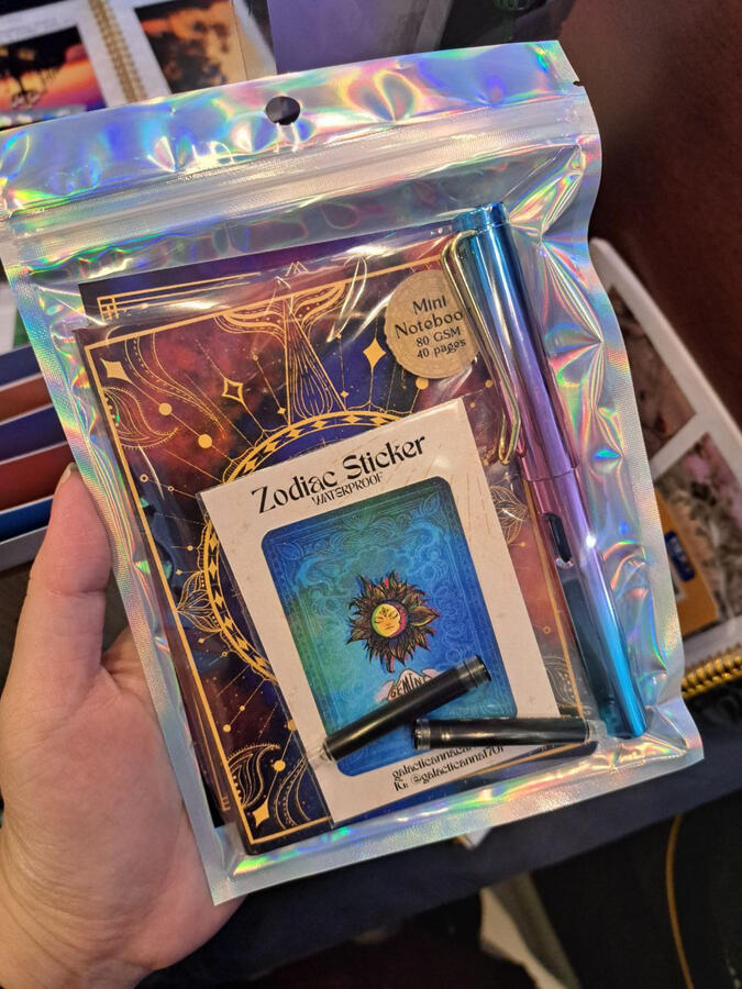 Customized celestial journal set including an A6 blank notebook, A6 Art print, Zodiac waterproof sticker, and fountain pen + 2 ink cartridges.